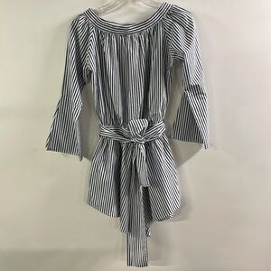 FAITHFUL THE BRAND Contemporary Off Shoulder B/W Stripe Split Flare SLV Romper 4